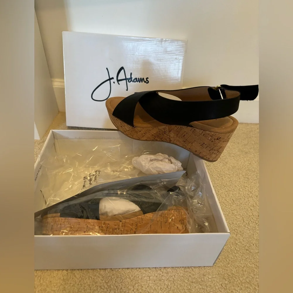 NIB Black wedge sandal on cork heel by J.Adams - 9
